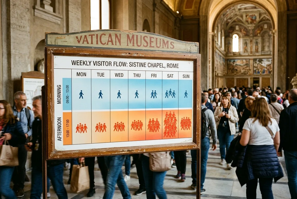 Weekly crowd-level chart for the Sistine Chapel showing quiet early mornings versus packed afternoons, with simple color-coded icons and no text other than day labels
