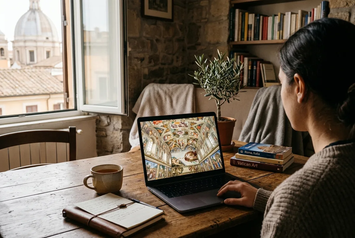 Schermo di un laptop che mostra un tour virtuale a 360 gradi del soffitto della cappella sistina con il giudizio universale di michelangelo