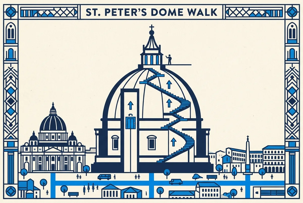 Infografia che mostra il percorso della salita alla cupola della basilica di san pietro, dall'ascensore alla terrazza fino alla scala a chiocciola verso la lanterna