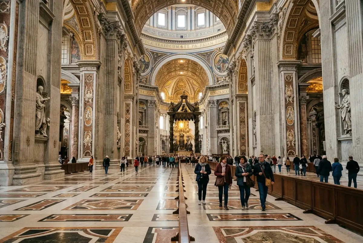 Soft afternoon light inside St Peter's Basilica falling on Michelangelo's Pieta sculpture behind protective glass near the entrance