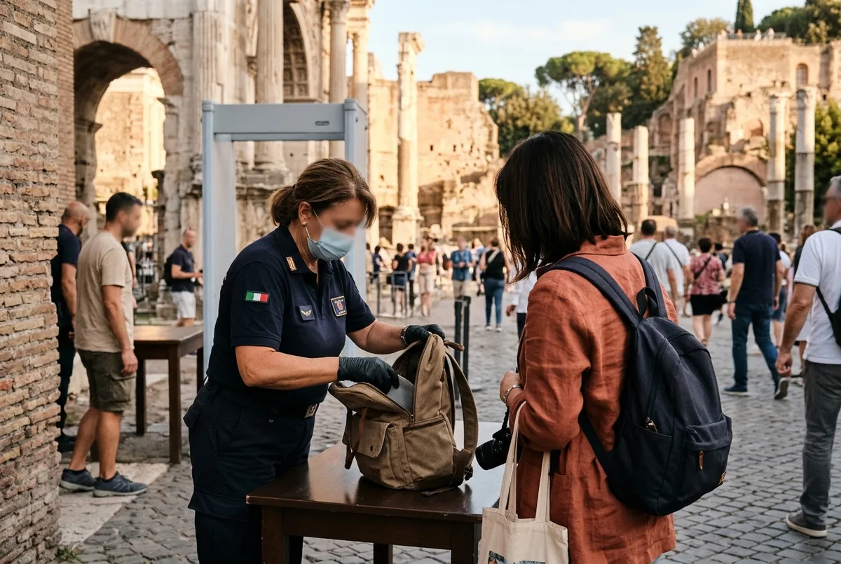 Security guard checking a visitor's bag at the St Peter's Basilica entrance checkpoint with a shoulders and knees dress code sign nearby