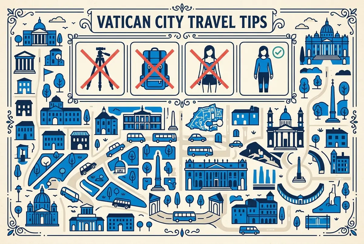 Infographie comparant file générale et accès coupe file basilique saint pierre, deux files convergeant vers un même symbole de contrôle de sécurité