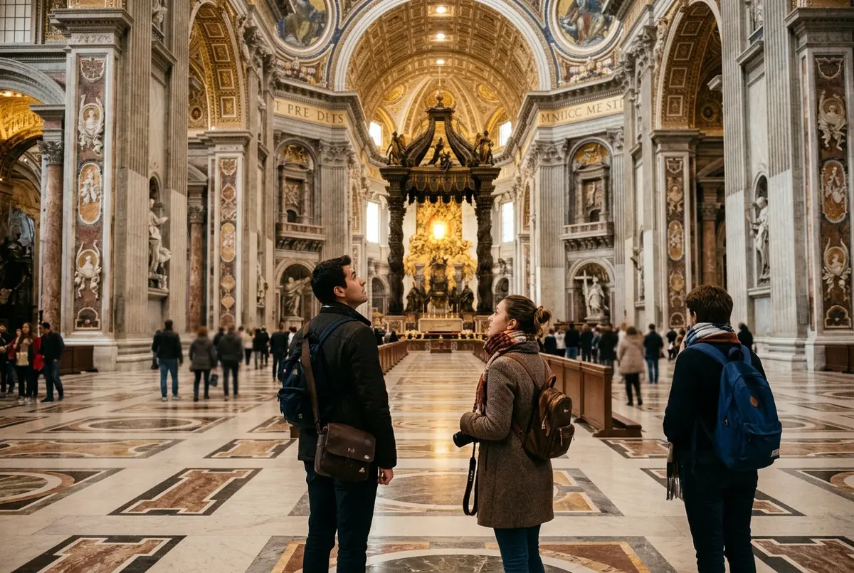 Travelers standing in St Peter's Square looking up at the Basilica facade and dome in warm afternoon light