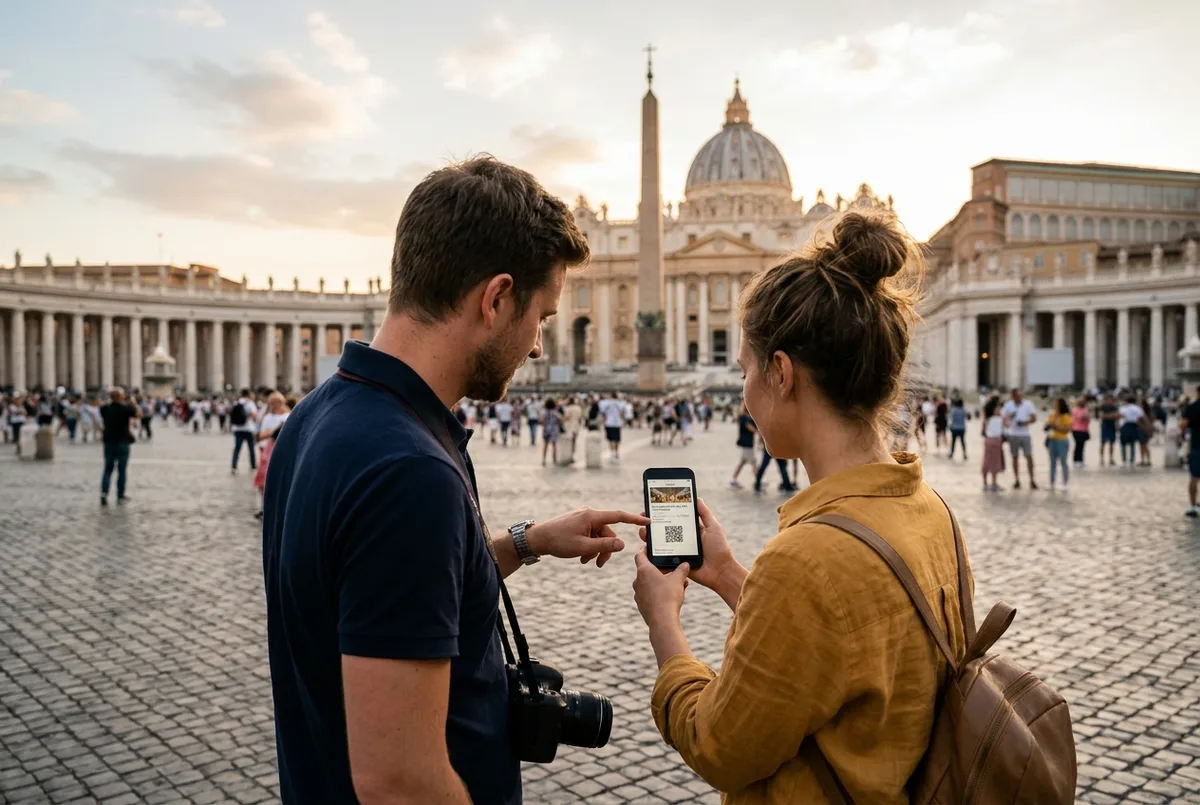 Reisepaar vergleicht auf dem Handy ein Ticket für Sixtinische Kapelle und Petersdom, im Hintergrund der Petersplatz in der Abendsonne