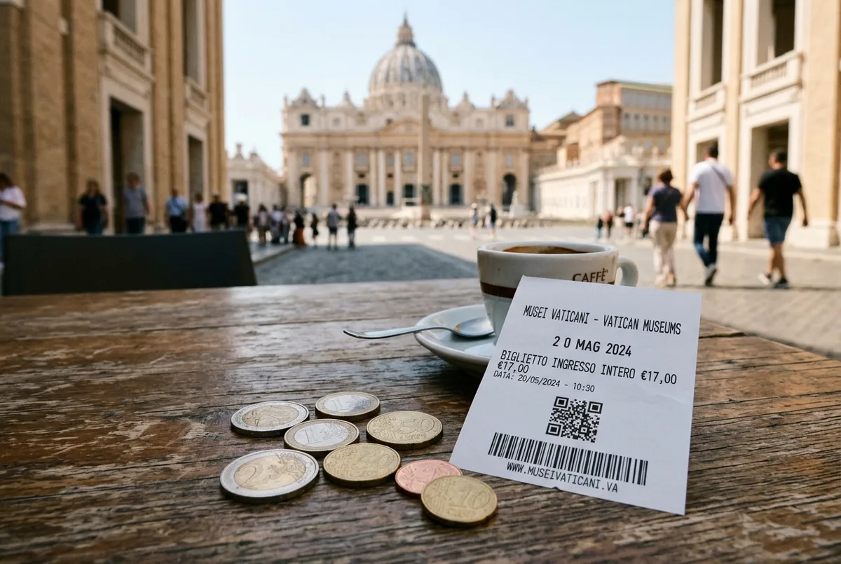 Close-up of euro coins and a printed Vatican museum ticket receipt on a cafe table near St Peter's Square