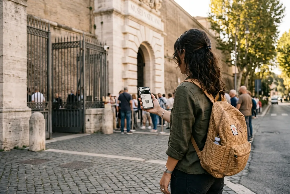 Traveler holding a phone with a Vatican museum ticket at the Viale Vaticano entrance gate in soft morning light
