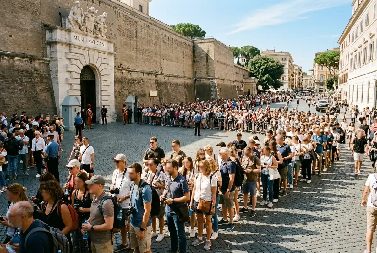 Praça de entrada dos Museus Vaticanos apinhada numa manhã de domingo de entrada gratuita, com uma fila longa a formar-se bem cedo