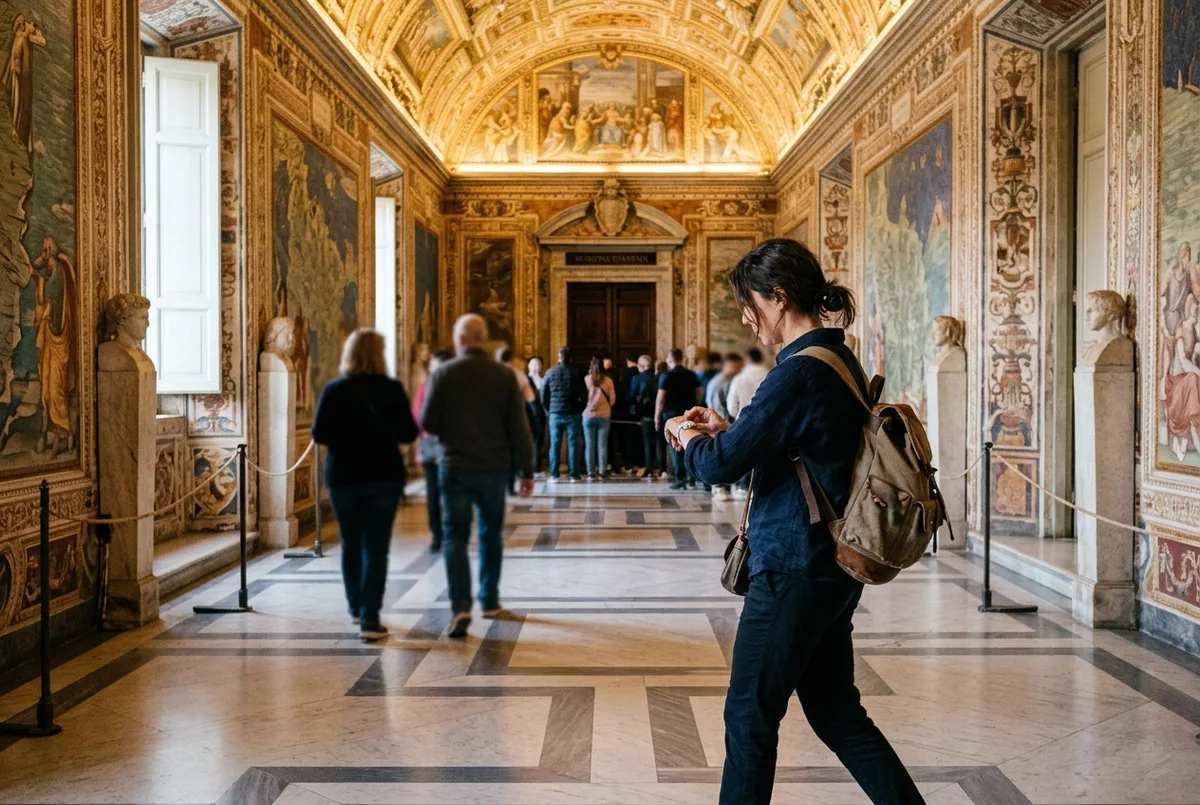 Traveler checking a wristwatch while walking through a frescoed Vatican Museums gallery corridor toward the Sistine Chapel