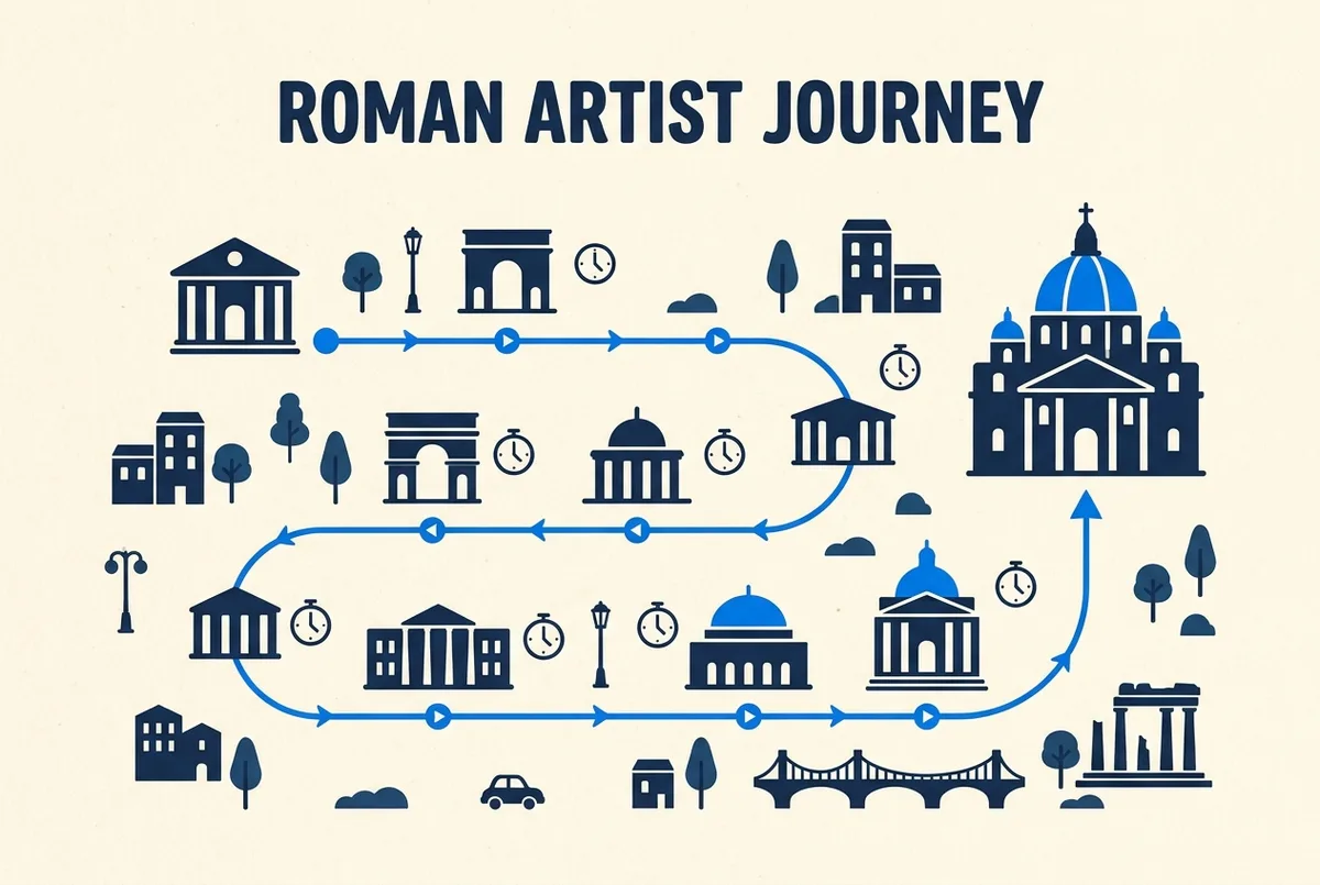 Simple itinerary map showing the one-way Vatican Museums route from entrance to the Sistine Chapel with approximate time markers at each gallery stop