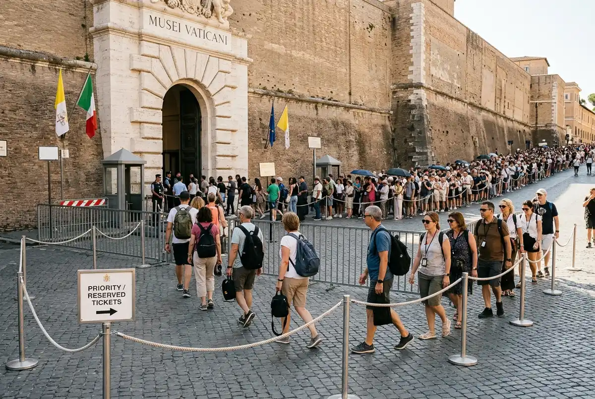 Carril prioritario corto en la entrada de los Museos Vaticanos con visitantes de entradas al vaticano sin colas pasando junto a una fila general más larga
