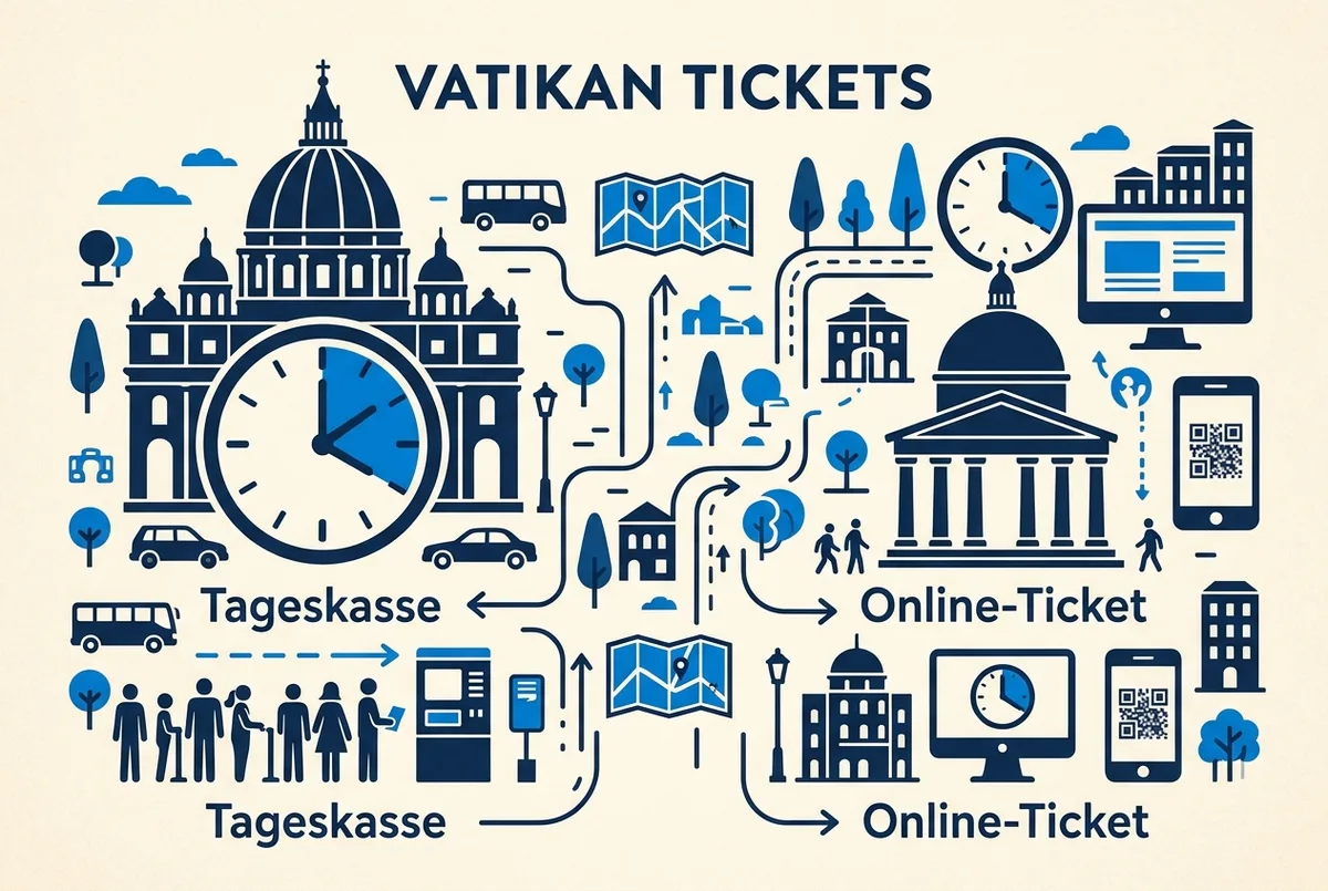 Einfache Infografik mit zwei Spalten, Tageskasse und Online-Ticket, symbolisiert durch eine lange und eine kurze Uhr, zur Erklärung von Vatikan Tickets vor Ort kaufen