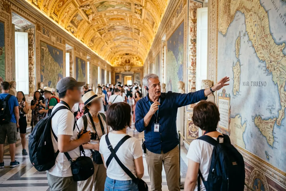 Deutschsprachiger Guide erklärt einer kleinen Reisegruppe die Vatikanischen Museen vor der Galerie der Landkarten