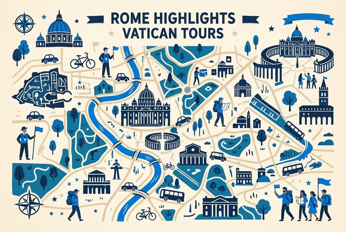 illustrated map of Rome highlights for Vatican Tours: Guided, Private, Skip-the-Line and More, vatican tours